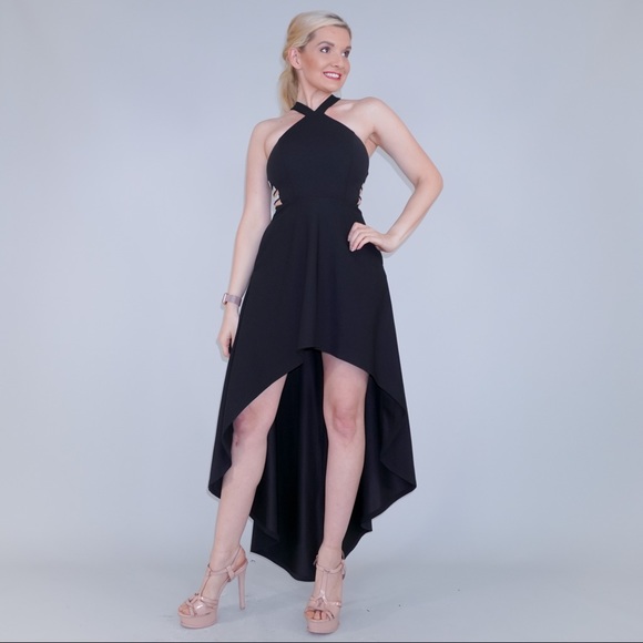 Black Halter High Low Dress with Rhinestones - Picture 5 of 16
